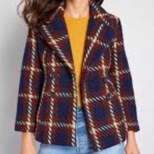Modcloth Blue and Red Plaid Pea Coat
